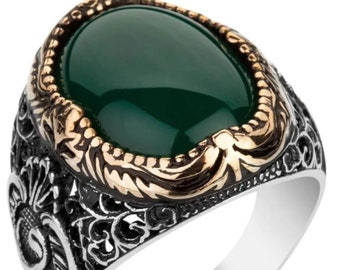 Bague Chevalière Homme 16g en Argent Massif 925 Serti Pierre Naturelle Agate Vert