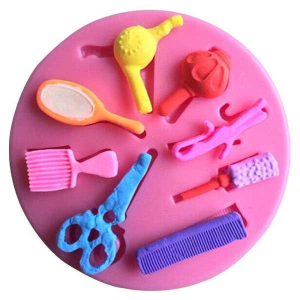 Silicone Mold Mini Flat Objects, Scissors Comb Brush Hair Dryer Mirror for Plaster Polyester Resin Clay Fimo Soap Wax K1187 55B30