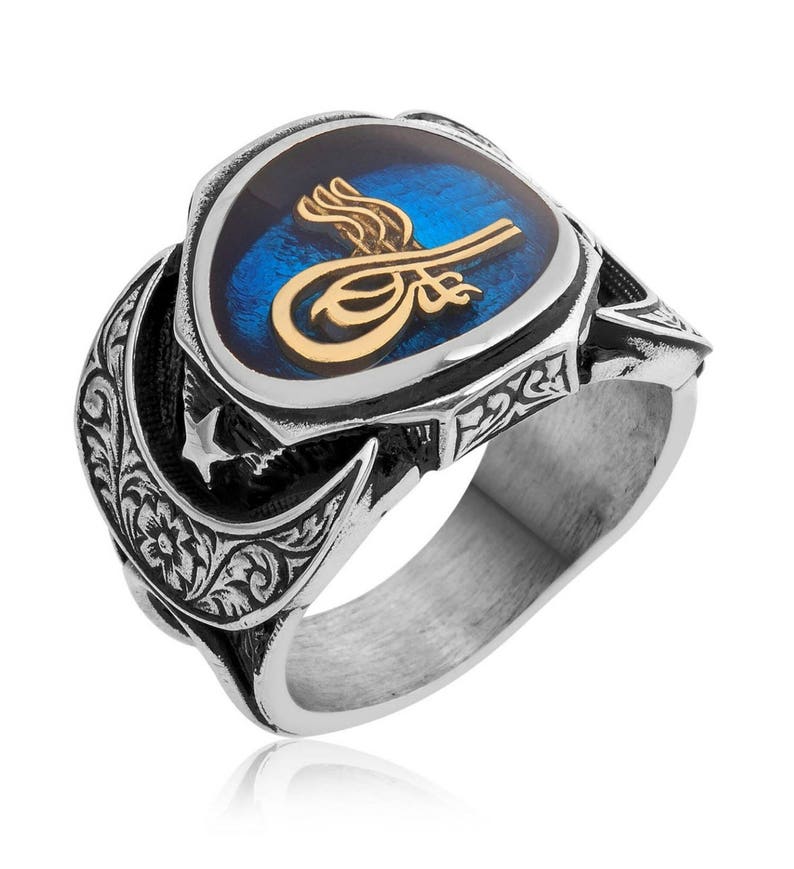 Bague Chevalière en argent Massif 925 Lune étoile Tugra 16g Verre bleu Men Silver Ring image 1