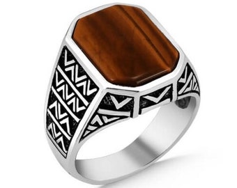 Bague Chevalière Homme Femme 14g en Argent Massif 925 Gemme Oeil de Tigre Lithothérapie Sterling Silver Men Women Ring