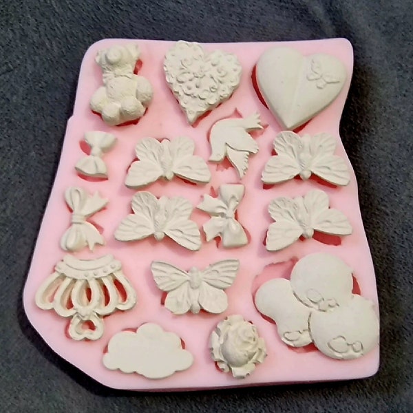 Silicone Mold 16 Objects Butterfly Bear Heart Crown Cloud Balloon Bird Dove Flower Rose Ribbon Knot for Fimo Plaster Resin Soap K1145