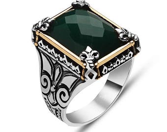 Bague Argent Chevalière Homme Femme Argent massif 925 Serti Pierre Zircon Vert facetté Fleur de Lys, Sterling Silver Men Ring, Gift for Him