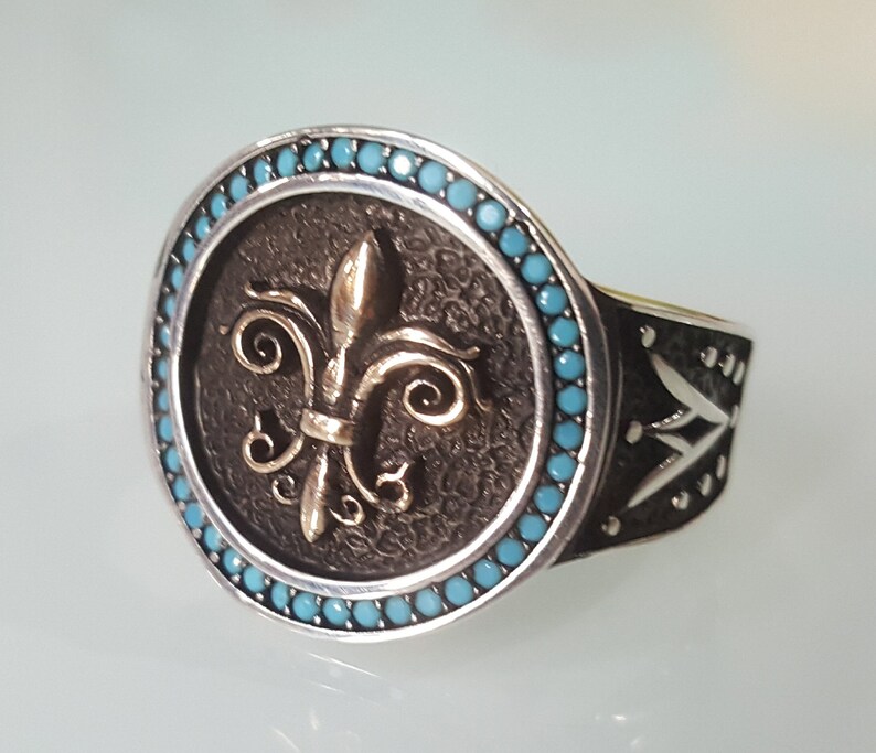 8gr Men/'s Men/'s Solid Silver Ring 925 Deco Lys Royal Lis Serti Strass Turquoise