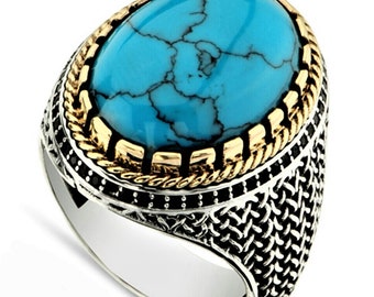 Bague Chevalière Homme 19g en Argent Massif 925 Serti Cabochon en Pierre Naturelle semi précieuse Turquoise ou Onyx ou Oeil de Tigre