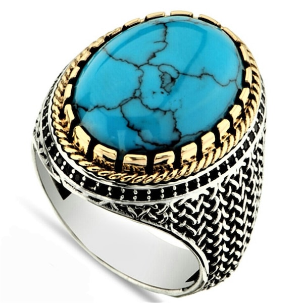 Bague Chevalière Homme 19g en Argent Massif 925 Serti Cabochon en Pierre Naturelle semi précieuse Turquoise ou Onyx ou Oeil de Tigre