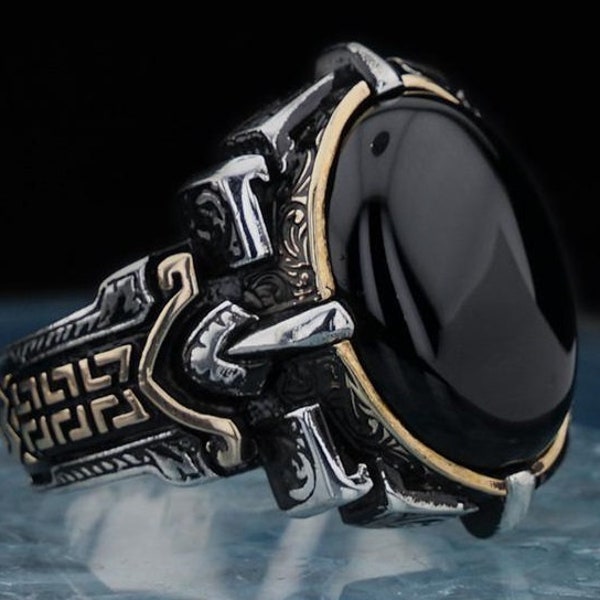 Bague Chevalière Homme 17g en Argent Massif 925 Serti Pierre Onyx Ovale Lithothérapie, Personalized Ring