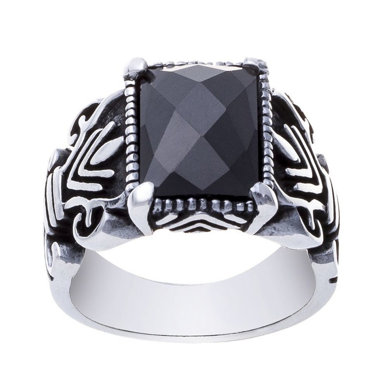 Ring Signet Ring man women Sterling Silver 925 claw set stone cubic zirconia oval or Rectangle black faceted 17g Sterling Silver Men Ring