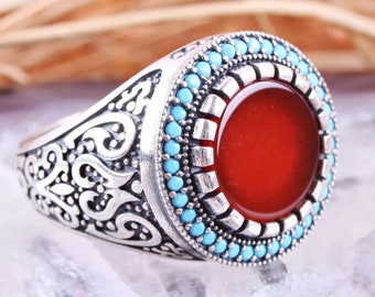 Ring Chevalière Homme Femme 6g 8g Solid silver 925 Set natural stone Agate Red and turquoise zircon Lithoterapie