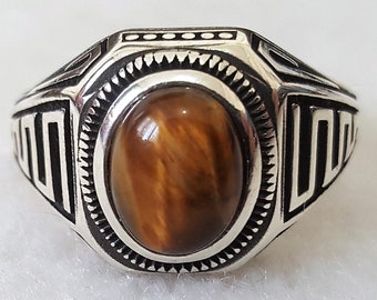 Bague Chevalière en Argent Massif 925 Serti Cabochon en Pierre Naturelle semi précieuse Onyx ou Oeil de Tigre Sterling Silver Ring