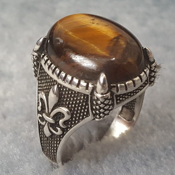 Bague Chevalière Homme 10g en Argent Massif 925 déco Fleur de Lis Lys Griffe Serti Pierre Oeil de Tigre Ovale