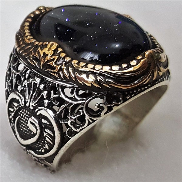 Bague Chevalière Homme Argent massif 925 Serti Pierre Naturelle semi précieuse Pierre de Soleil bleu étincelant lithothérapie