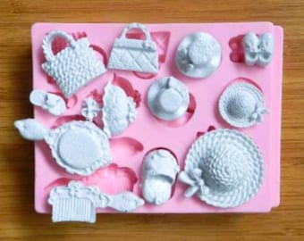 Silicone mold 12 mini objects Handbag Hat Comb Shoe Umbrella Mirror for Fimo Plaster Soap Wax Resin Polyester K451 5F95