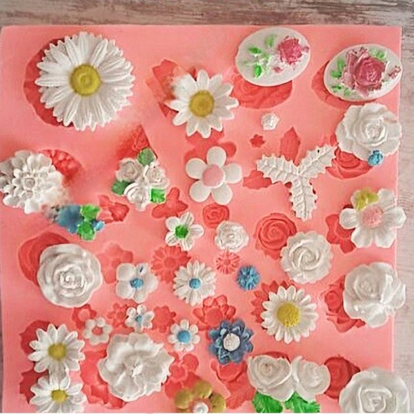 Silicone mold Set of 30 Flowers Leaves different decoration for Fimo Plaster WEPAM Resin Soap Polyester Concrete Wax Clay K057 7F480