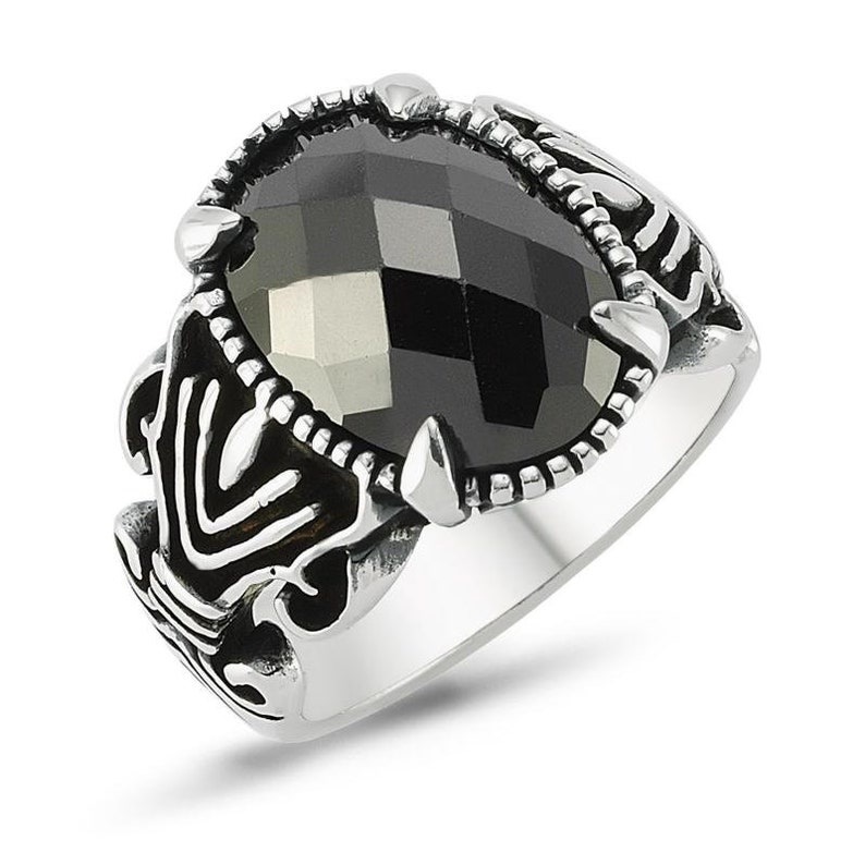 Ring Signet Ring man women Sterling Silver 925 claw set stone cubic zirconia oval or Rectangle black faceted 17g Sterling Silver Men Ring