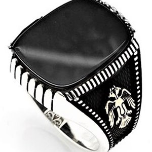 Bague Chevalière Homme 11g en Argent Massif 925 Serti Pierre Naturelle semi précieuse Onyx Aigle Silver Ring image 1