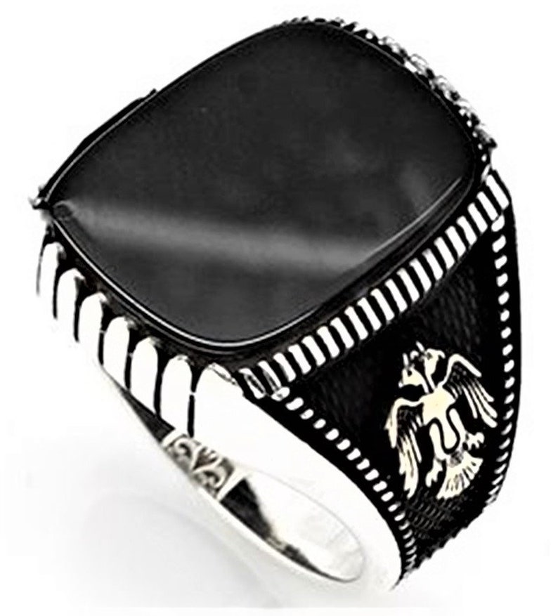 Bague Chevalière Homme 11g en Argent Massif 925 Serti Pierre Naturelle semi précieuse Onyx Aigle Silver Ring image 1