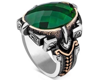 Men's Silver Signet Ring 18g in 925 Sterling Silver Set with Faceted Green Zircon Stone Name Jewelry, Personalized Ring