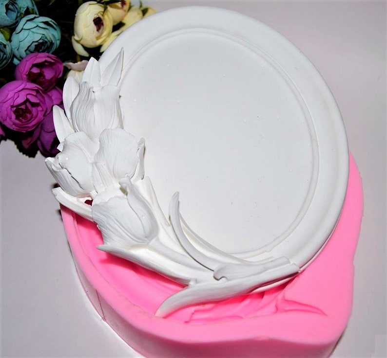 Moule Silicone Cadre Photo Miroir 24cm Fleurs Bouquet Tulipe pour Plâtre WEPAM Résine Cire Argile Béton Pâte Polymère Fimo K429 HT1300 image 4