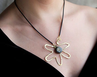 Large Brass Flower Pendant, Hand hammered pure brass necklace, Painted wood Hand forged dangle earrings/ pendant, Chain/Rubber cord