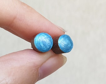 Wooden blue silver studs Wood sterling silver stud earrings Minimalist small tiny rustic mens studs Wood slice round modern gift for him