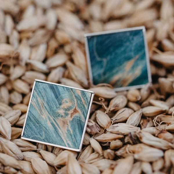 Turquoise Wood inlay cufflinks, Silver plated square wooden cufflinks, Minilalist 5th anniversary, Wedding groom gift from bride