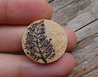 Wood hand burned buttons, Wooden branch floral Leaf/ Fern round circle slice button, Pyrography Set of 2 handcrafted 2cm/0.8" rustic crafts