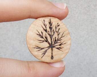 Wooden hand burned buttons, Wood rustic floral leaf/branch circle slice button, Set of 2 Pyrography handcrafted 2.5cm/1" raw solid wood
