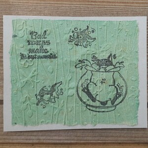 Handmade paper cards, Deckle edge green greeting card, Funny cat quote, Embossed recycled/upcycled paper, Manually stamped cut out cards.