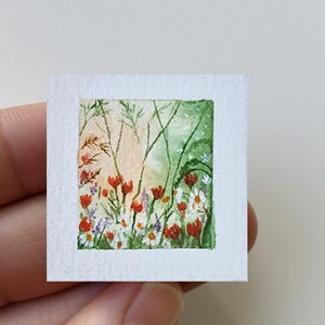 Original Tiny Watercolor Painting, Mini landscape, flower field, spring/summer daises, red poppy flowers, Miniature Art, Not a print, Micro