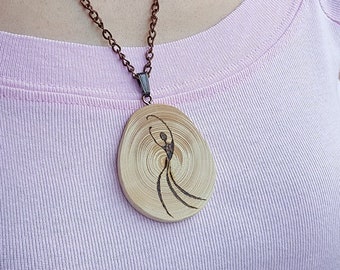 Wood burned pendant necklace Wooden pyrography primitive pagan abstract dance figure, Pine slice Copper tone chain pendant boho necklace