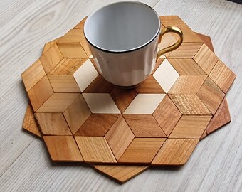 Wooden Trivet, Round solid wood hot pad for coffee cup, rhombus wooden circular coaster, Rustic Kitchenware, cherry/apple, hahdcrafted