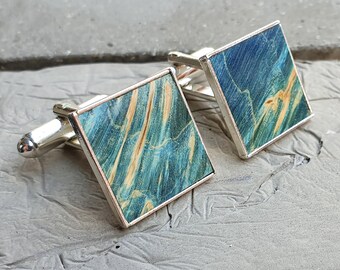 Turquoise Wood inlay cufflinks, Silver plated square wooden cufflinks, Minilalist 5th anniversary, Wedding groom gift from bride