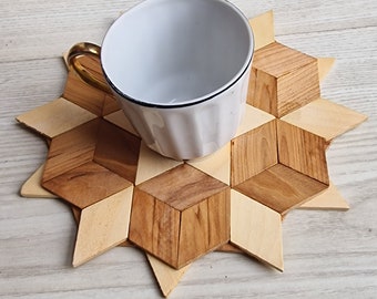 Wooden Trivet, Round solid wood hot pad for coffee cup, wooden circular coaster, Rustic Kitchenware, cherry/apple, rhombus shape,hahdcrafted