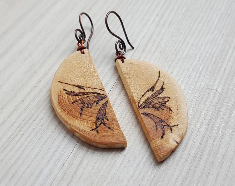 Wood Burned Earrings Wood Earrings Wooden Pyrography Slice Etsy