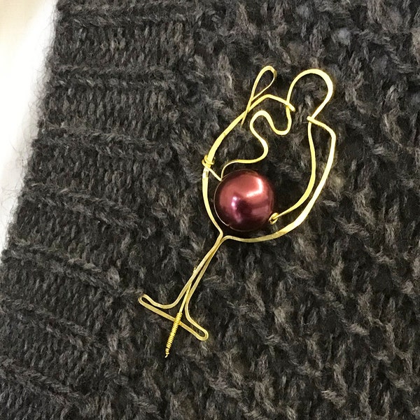 Wire brooch wine glass Shawl pin, Brass/Copper wire wrap martini brooch, Hand hammered minimalist sweater/ scarf pin for martini/wine lovers