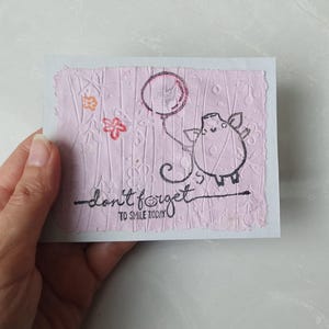 Handmade paper funny quote card, Deckle edge green greeting card, pink pig, Embossed recycled/upcycled paper, Manually stamped cards