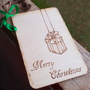 Cartolina di Natale in legno, biglietto di ringraziamento bruciato a mano, biglietto di auguri per insegnanti OOAK, biglietto d'amore in legno, regalo per il 5° anniversario di baby shower