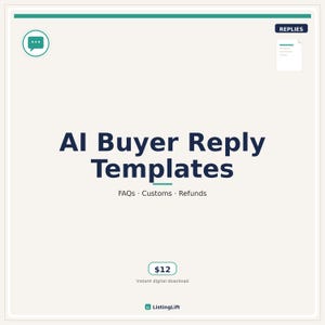 May include: A digital document titled AI Buyer Reply Templates with subheadings FAQs, Customs, and Refunds. The graphic features a speech bubble icon, a document icon labeled REPLIES, and the brand name ListingLift at the bottom center.