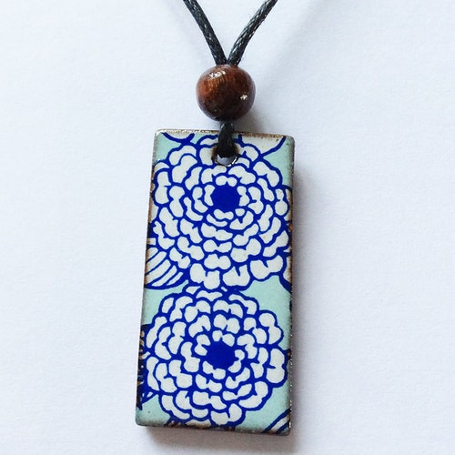 Blue Floral Pendant Necklace Ceramic Pendant Necklace Etsy