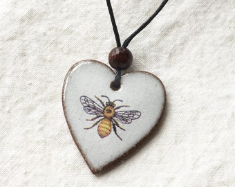 Honey Bee Heart Pendant Necklace: Ceramic Bee Jewellery