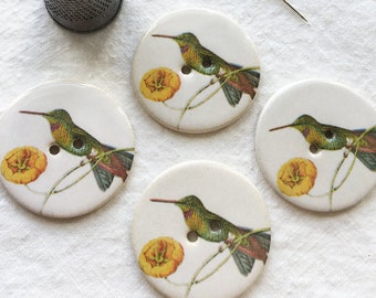Set of 4 Large Round 29mm ceramIc, Hummingbird' Buttons , Warner Textile Archive designs, bird buttons, Unique Butttons, Handmade in UK.