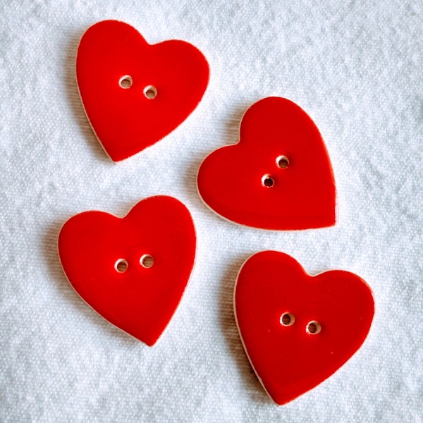 Set of 4 large, red, handmade, washable, lightweight, ceramic, heart shaped buttons. Sewing buttons. Valentines hearts. Wedding favours,