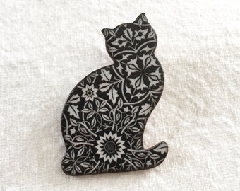 Ceramic, handmade, William Morris design, black cat brooch, Heritage Brooch, Mother's Day Gift.