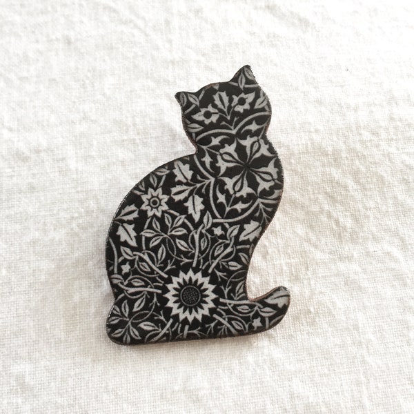 Ceramic, handmade, William Morris design, black cat brooch, Heritage Brooch, Mother's Day Gift.