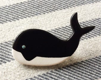 Ceramic Killer Whale Brooch, Handmade in the U.K. Pin fastening.