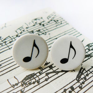 Handmade, small, ceramic 15mm (just over 1/2 inch) musical notes, stud earrings.