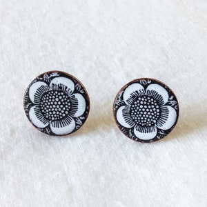 Handmade black flower small 13mm diameter ceramic stud earrings. William Morris design. Valentine's Gift, Handmade in UK.