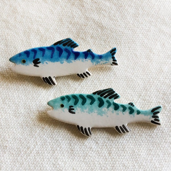 Ceramic, handmade Mackerel Brooch, 46mm long ,Fish Brooch, handmade brooch, Sea Gifts, Ceramic Brooch, Hand Painted Brooch.