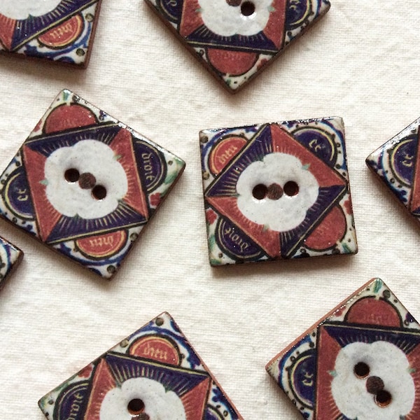 Set of 8 Illuminated Medieval Manuscript design 24mm (one inch) square, handmade, washable ceramic buttons.