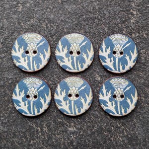 Set of 6 large 27mm (one inch) handmade, washable, ceramic  buttons. William Morris thistle design. Handmade in UK.